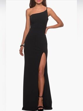 La Femme Black One Shoulder Gown Size 0 Slit Formal Prom Dress NWT